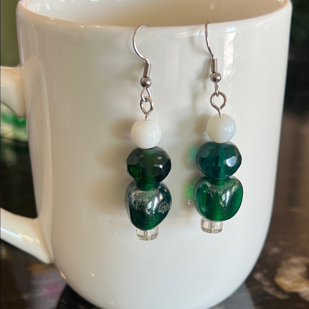Artisan Green and White Beaded Earrings